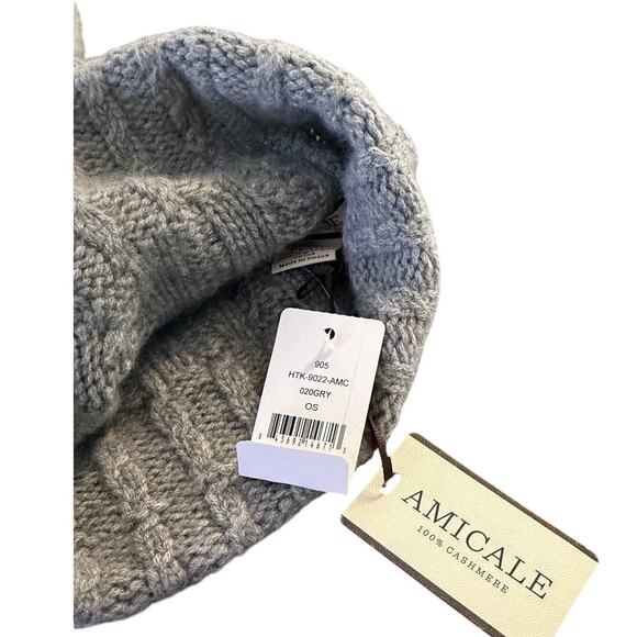 Amicale 100% Cashmere Gray Cable Knit Beanie Hat Shearling Fur Pom OS NWT